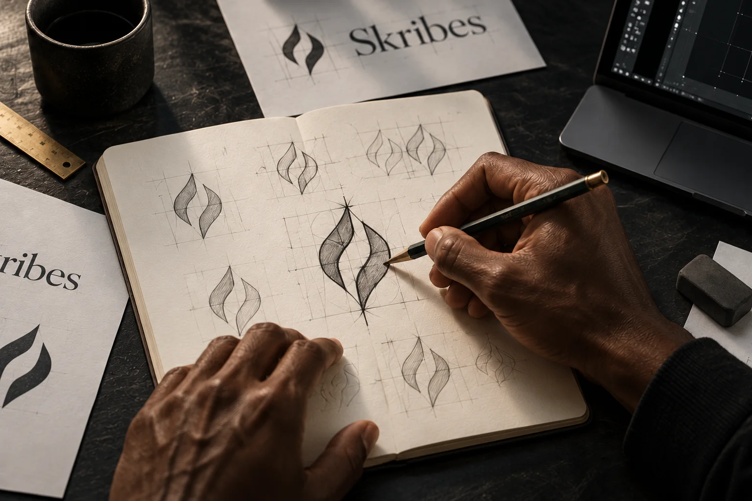 Hands sketching the Skribes nib mark in pencil on a grid in an open notebook, the wordmark printed on sheets around it.
