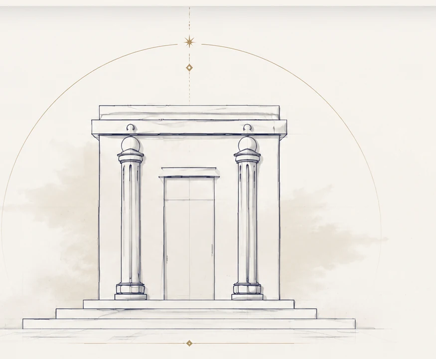 The first Vault of Glory study: Solomon's temple drawn in fine line, two pillars either side of an open doorway, on a stepped plinth.